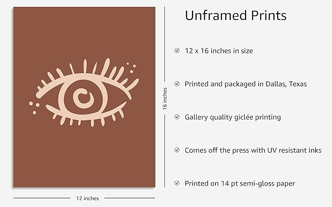 Y2K BOO Mystical Evil Eye UNFRAMED Wall Art Nazar Protection Symbol Earth Tones Terracotta Mid Century Modern 12x16 Inch Heavyweight Paper Boho Spiritual Decor