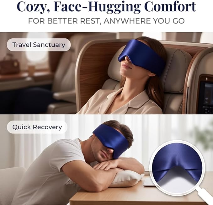 Silk Sleep Mask for Side Sleepers, Blackout Eye Mask for Sleeping Women Men, 100% 22 Momme Mulberry Silk, Full Coverage Face-Hugging Sleep Mask for Travel, Naps & Shift Workers, Blue