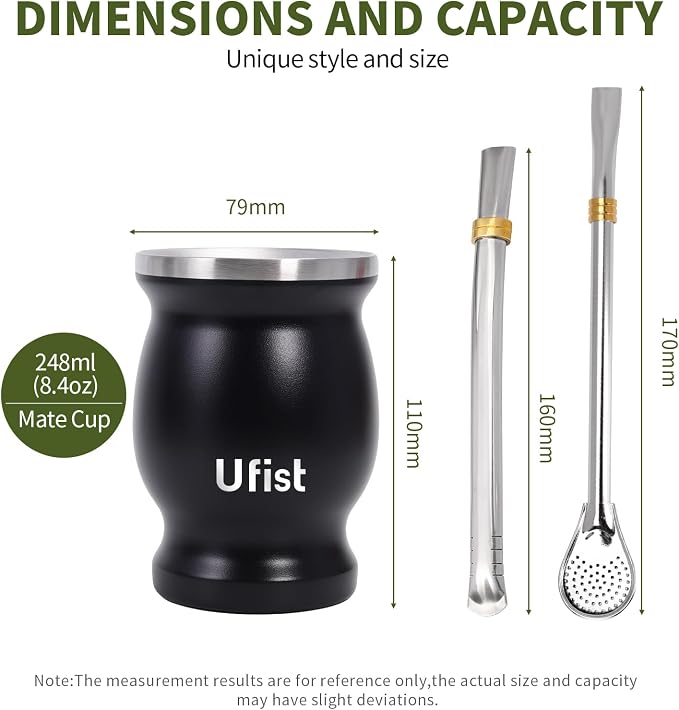 Yerba Mate Cup Set, Includes Stainless Steel Argentina Classic 8.4 oz Mate Gourd, 2pcs Bombilla Straws and Clean Brush (Black)