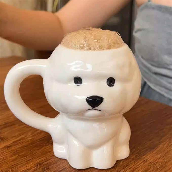 Coffee Mug Cups Ceramic Tea Cup Cute 3D Bichon Frise Dog Shaped Handmade Pottery Cute Mugs Handle Office Home Hot Ice Chocolate Milk Mugs Gifts Microwave Dishwasher Safe 14 Oz Travel Mug (White dog)