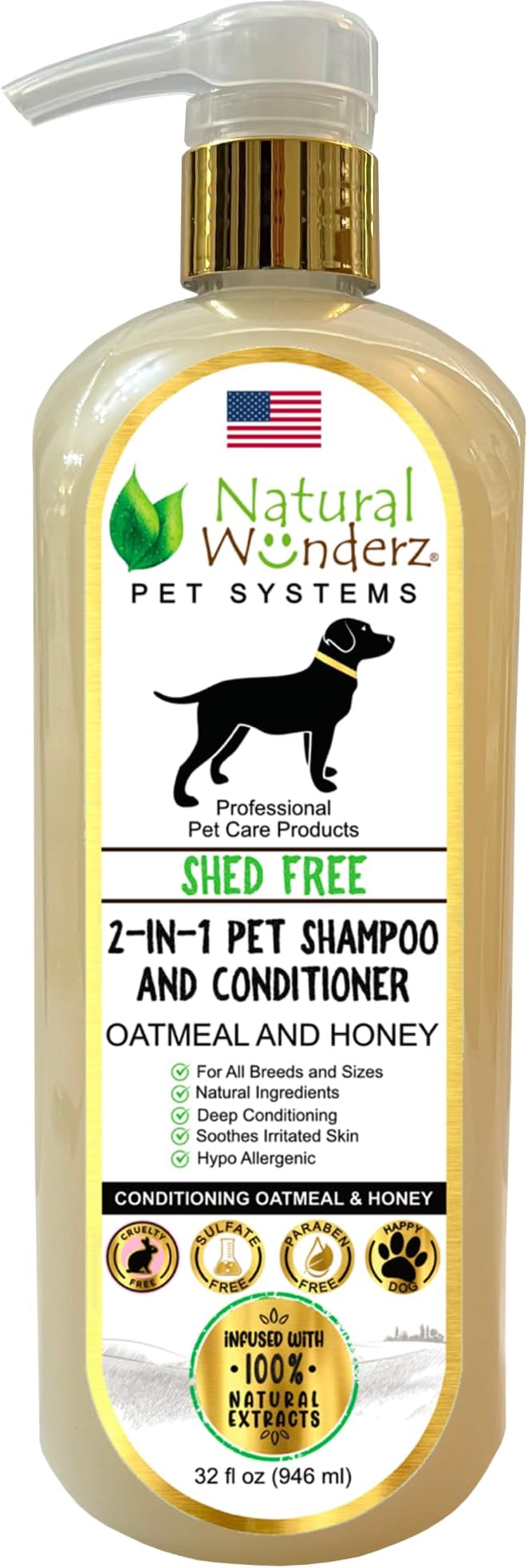 Pet Shampoo & Conditioner, Shed Free 2-in-1, Oatmeal and Honey, Organic, Hypoallergenic, Vegan, Natural Extract, for Healthy Skin & Coat, 32 Fl Oz, for Dry Itchy Skin, All Breeds, by Natural Wunderz
