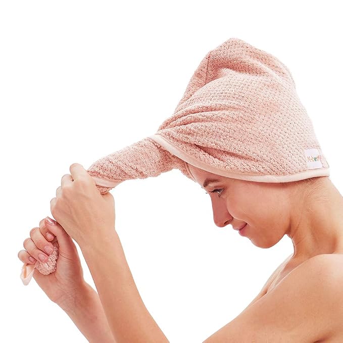 M-bestl 2 Pack Microfiber Hair Towel Wrap,Quick Dry,Anti-frizz(Pink&Beige) | Hair Drying Towel for Women with button,lightweight,Anti-frizz Absorbent hair Turban Towel for Long Thick Curly Hair