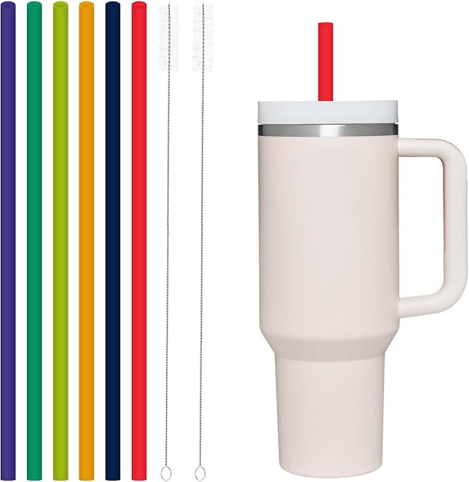 6 Pack Reusable Silicone Straws Compatible with Stanley 40oz 30oz 20oz Tumblers, 12.2" Long x 0.374" Diameter BPA-Free Drinking Straws with 2 Cleaning Brushes, Flexible Cuttable Teeth-Friendly