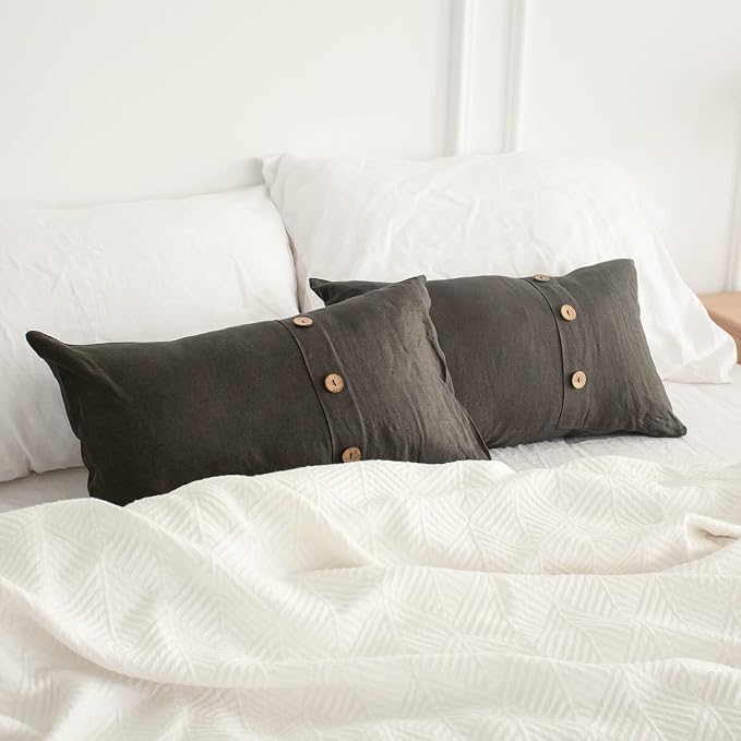 Simple&Opulence 100% Linen Lumbar Pillow Cover 12 x 20 Inch Set of 2 Rectangular Decorative Pillow Cover with Vintage Triple Coconut Button for Couch Sofa Bed Living Room Office Décor - Dark Grey