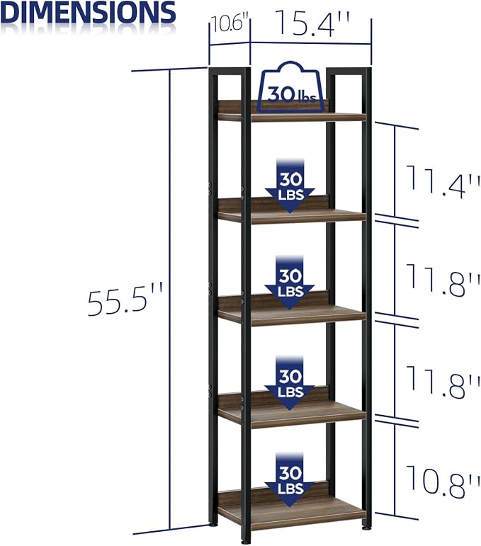 NUMENN Narrow Bookshelf, 5 Tier Bookshelves, Home Office Bookcase Shelf Storage Organizer, Free Standing Storage Shelving Unit for Bedroom, Living Room and Home Office, Dark Walnut