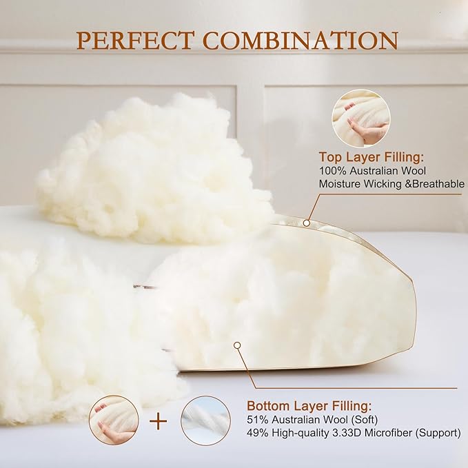 YOUR MOON Natural Wool Pillow King Size Set of 2, Soft Support Bed Pillows for Sleeping, Australian Wool Filling with 100% Cotton Cover, Down Alternative Pillows (Off White)