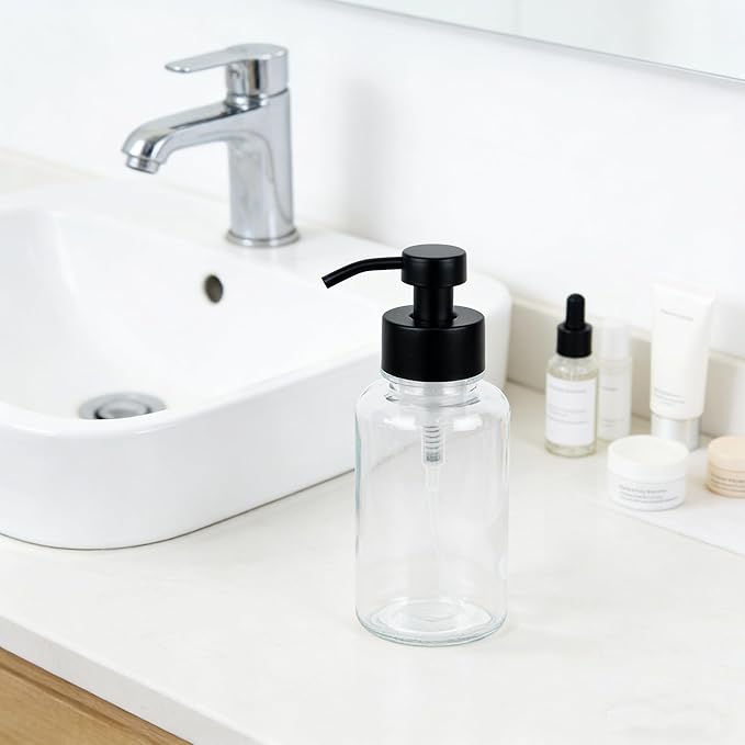 15 oz Amber-Tinted Thick Glass Foaming Soap Dispenser, Refillable Foaming Soap Dispenser with Black Rust-Proof Foam Pump, Suitable for Bathrooms and Kitchens (1, Clear)