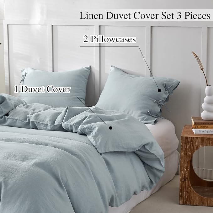 Simple&Opulence 100% Linen Duvet Cover Set 3pcs with Bowknot Ties Closure Natural French Washed Flax Solid Color Soft Breathable Farmhouse Bedding - Dusty Blue, King Size