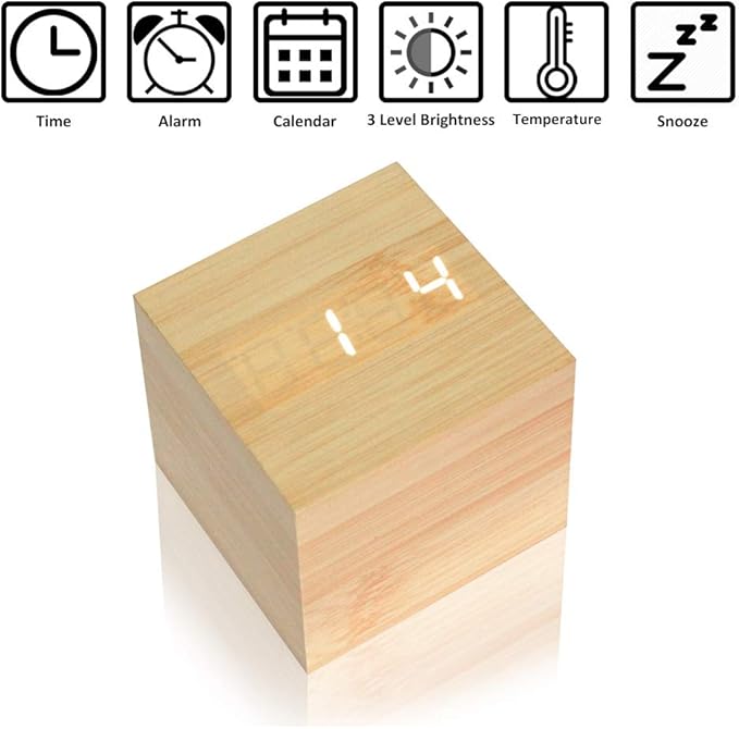 Wooden Alarm Clock - Mini Cube LED Digital Clock with Time/Date/Temperature Display, 3 Levels Brightness and Voice Control Great for Home Office Travel - AC10Yellow_White
