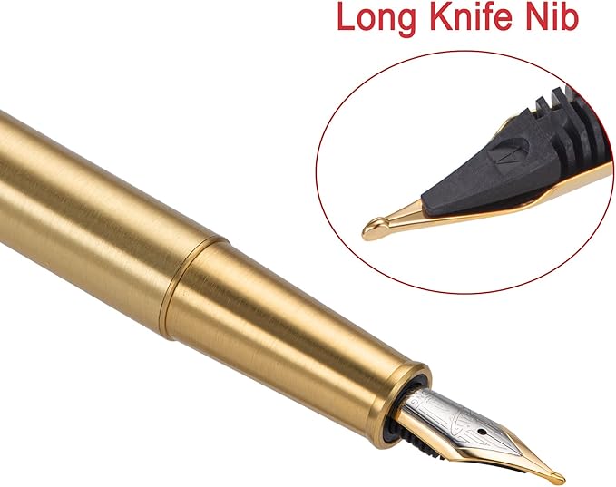 HONG DIAN 1861 Fountain Pen, Long Blade Nib, Raw Brass Design with Converter and Metal Pen Case Set