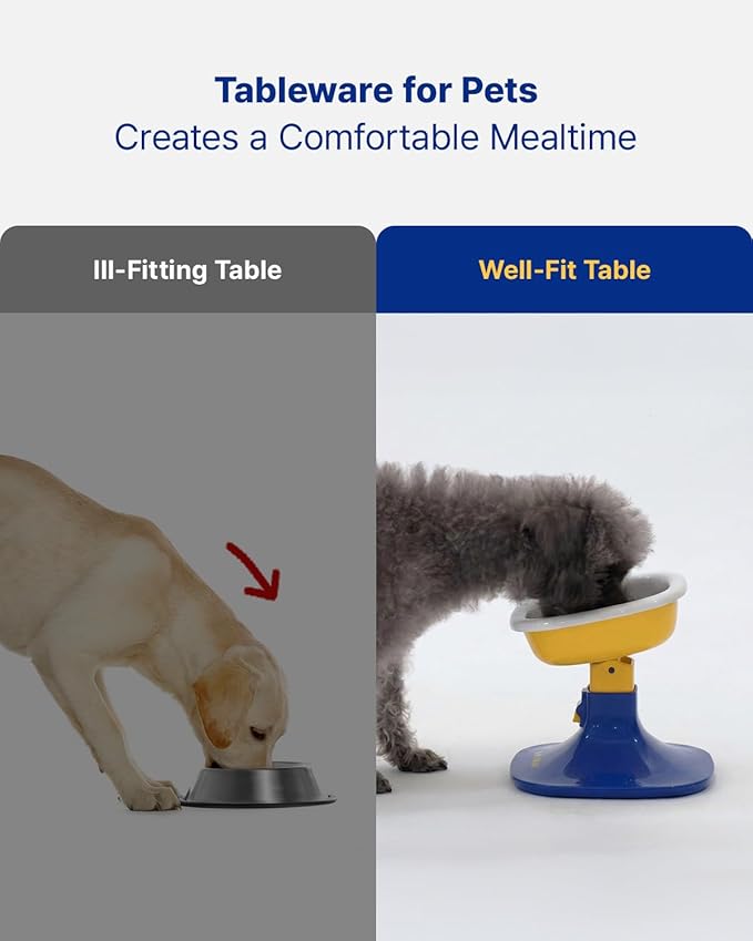 PETHROOM Well Fit Elevated Dog Bowl Stand – Adjustable Height 4.5–7.4 in with 0–22° Tilt, Stable Non-Slip Feeding Stand for Dogs & Cats, Bowl Not Included, Yellow & Blue