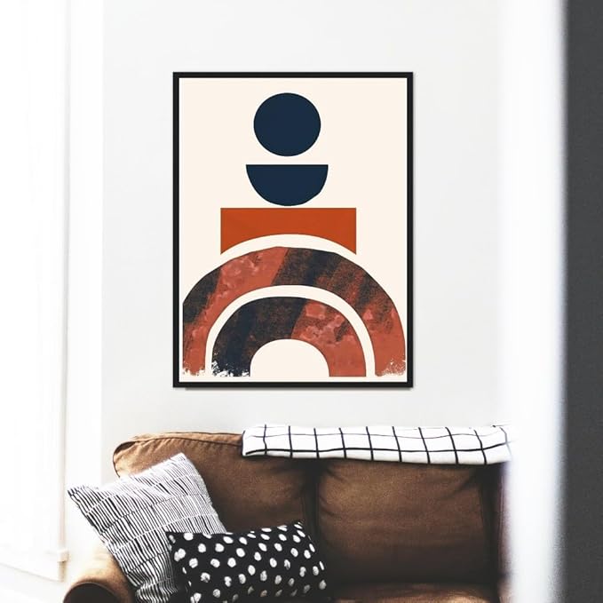 Moonow7 Modern Abstract Wall Art Poster - Red and Navy Geometric Minimalist Print, Aesthetic Wall Decoration for Bedroom, Living Room, Office, Reading Nook, Unframed Size 12x18” / 30x45 cm