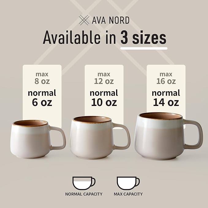 Ava Nord Large Ceramic Coffee Mugs Set of 4 | 16 oz Stoneware Coffee Cups | Lead-Free, Non-Toxic | Microwave and Dishwasher Safe | Comfortable Handle | Nordic Design for Tea, Cocoa, Latte | Rose Sand
