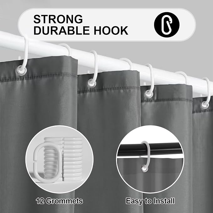 timecity Dark Grey Shower Curtain Liner PEVA Bath Curtain with 3 Magnets Thickened Water Proof Quick Drying Shower Curtain Set with 12 White Hooks Plastic Shower Liner for Bathroom Shower,71x71inch