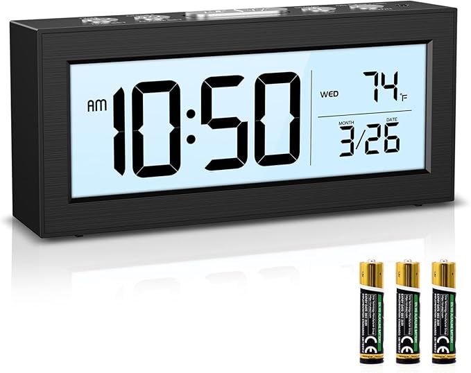ORIA Battery Operated Digital Clock, Small Travel Alarm Clock with Indoor Temp, Date, Blacklight, Snooze, Desk Clock for Kids, Teens, Seniors, Bedrooms, Batteries Included