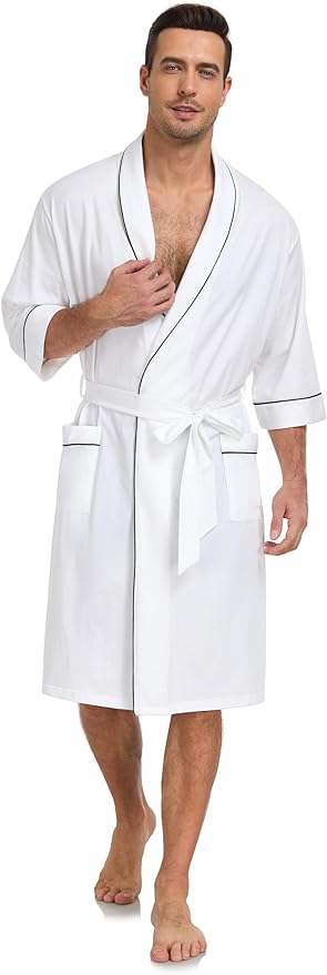 COLORFULLEAF 100% Cotton Men’s Summer Bathrobe Lightweight & Breathable Short Sleeve Kimono Robe with Pockets