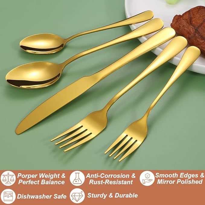 20 Pcs Gold Silverware Set for 4, Food Grade Stainless Steel Flatware Set, Eating Utensils Sets Include Fork/Knife/Spoon, Reusable Cutlery Set for Home Kitchen, Dishwasher Safe, Round Edge