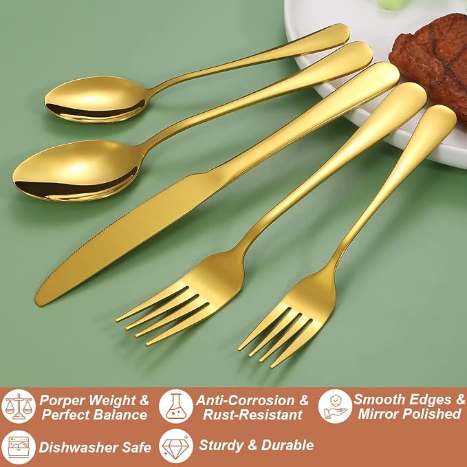 50 Pcs Gold Silverware Set for 10, Food Grade Stainless Steel Flatware Set, Eating Utensils Sets Include Fork/Knife/Spoon, Reusable Cutlery Set for Home Kitchen, Dishwasher Safe, Round Edge