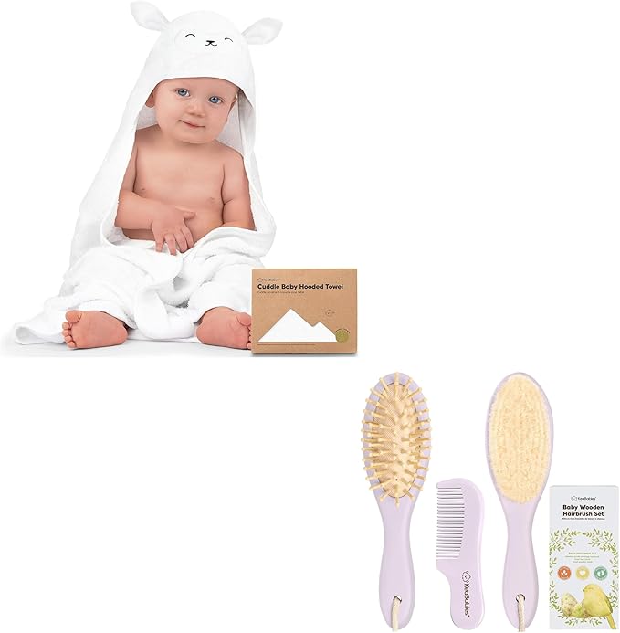 KeaBabies Baby Hooded Towel and Baby Hair Brush and Comb Set - Soft Bath Towels with Hood for Toddlers - Wooden Brush with Soft Goat Bristle for Girls, Boys, Toddlers
