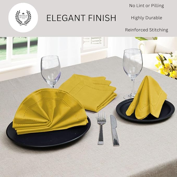 Hemstitch Cloth Dinner Napkins 100% Cotton Set of 6 - for Dining Special Occasions Weddings Parties Holidays Easter - Soft Durable Reusable - Elegant 18x18 Inch Table Cloth Napkins Yellow