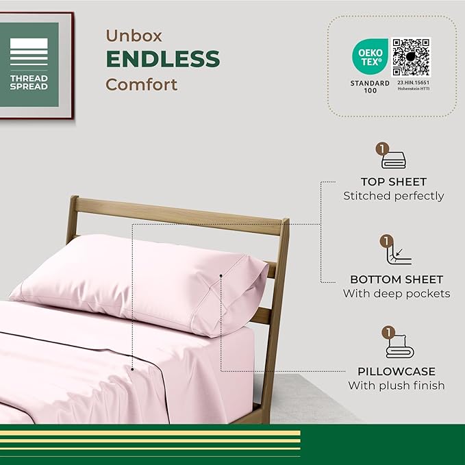 THREAD SPREAD 100% Organic Cotton Sheets Twin XL Size - 3 PC Organic Cotton Twin XL Size Percale Weave Sheet Set, Soft, Cooling, Crisp & Breathable, 16" Deep Pocket Bedding Set for Dorm Room - Blush