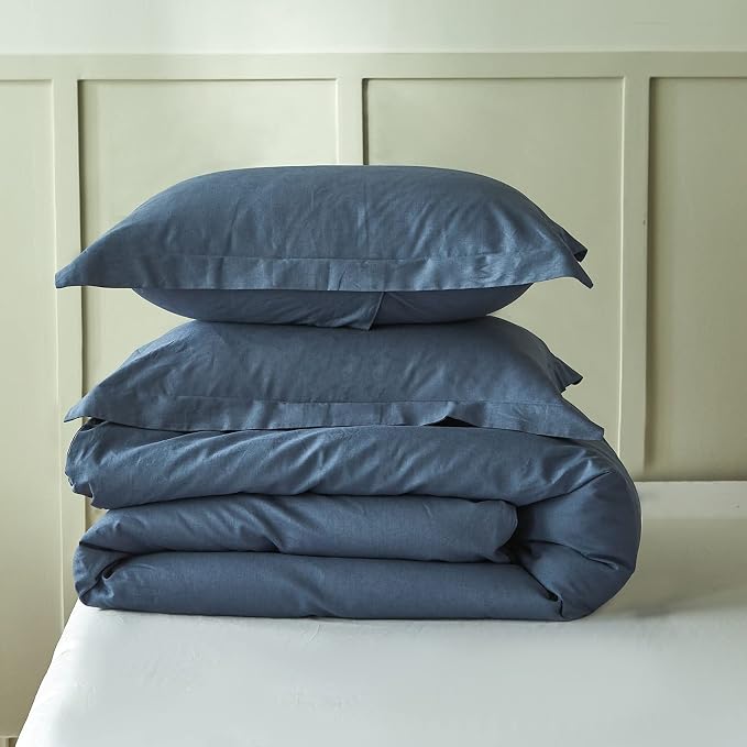 Simple&Opulence French Linen Duvet Cover Set 68" x 86"- 2 Pieces (1 Comforter Cover,1 Pillowcase)- Natural Flax Cotton Blend-Solid Color Breathable Farmhouse Bedding-Navy Blue, Twin