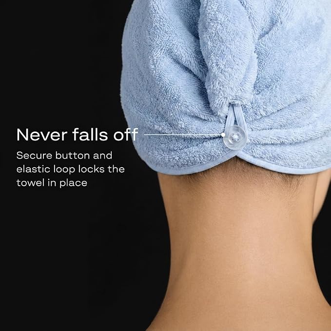 Microfiber Hair Towel Wrap for Women – Ultra Absorbent Quick Dry Turban | Button & Loop Design | Soft Lightweight Fabric | Reduces Frizz & Breakage | All Hair Types | Blue & Grey