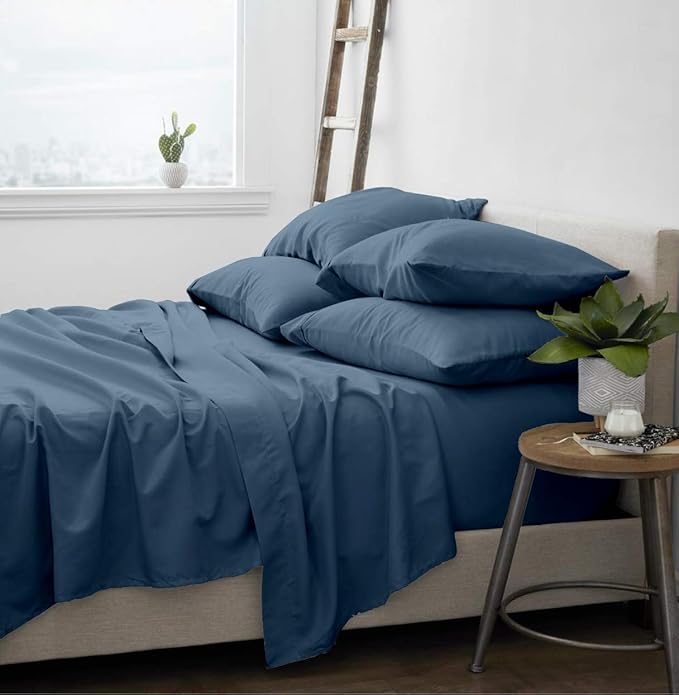 100% Organic Cotton Bed Sheets 800-Thread-Count, 16-Inch Deep-Pocket, Luxury Breathable Crisp 4-Piece Bed Sheet Set (1 Flat Sheet, 1 Fitted Sheet, 2 Pillowcases) - Queen-XL, Mediterranean Blue