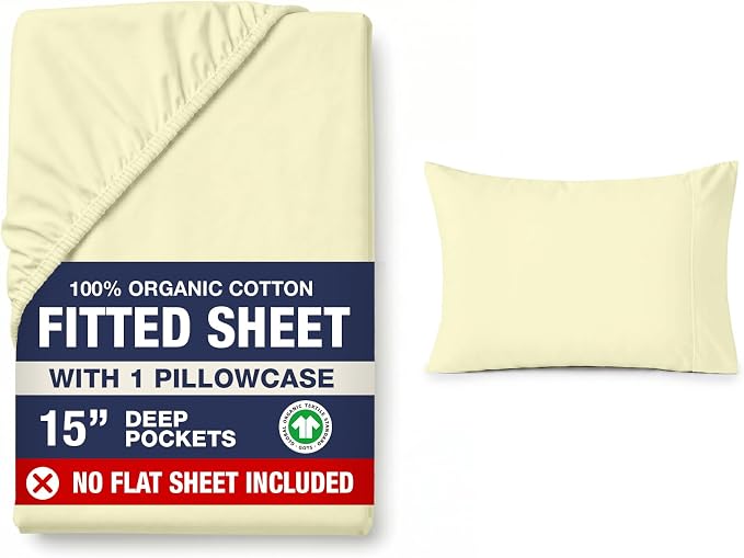 LANE LINEN Twin Fitted Sheets, 100% Organic Cotton 2-Piece Set (1 Fitted Sheet, 1 Pillowcase), Percale Weave, Bottom Sheet, Soft, Breathable, Fits Mattress Upto 15' Deep - Vanilla (No Flat Sheet)