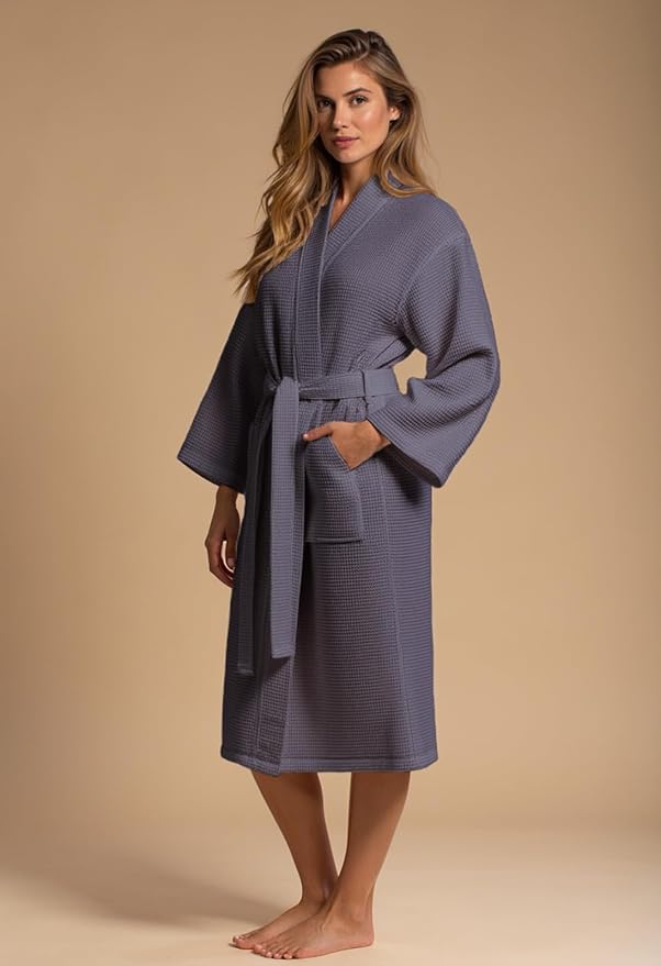 Turquaz Lightweight Waffle Knit Kimono Bathrobe - Soft Cotton Blend Spa Robe, Fast-Drying Full-Length Unisex Robes for Women