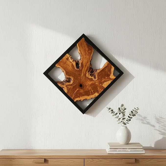 Warmaxx Teak Wood Wall Art 16.9"x16.9" Rustic Farmhouse Natural Wood Decor Home Office Dorm Square Handmade Live Edge Brown Wooden Wall Décor Living Room Bedroom Hallway