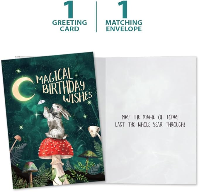 Tree-Free Greetings Magical Wishes Birthday Card - 1 Recycled 5x7 Card & Matching Envelope, Thick Cardstock, Made in USA - Witchy Mushroom Rabbit