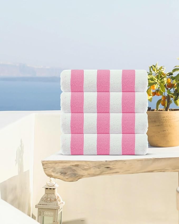 CASA COPENHAGEN Cabana Beach Towel Designed in Denmark Rough and Tough, Quick Dry, Beach, Pool, Bath & Shower 30x60 inches 4 Pieces Cotton Beach Bath Towels Set - Pink
