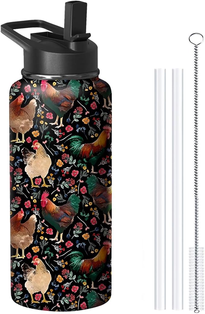 18oz Chicken Water Bottle with Handle and Flip Straw, Animal Sports Stainless Steel Insulated Cup Travel Coffee Mug Tumbler, Birthday Mothers Day Chritmas Gifts for Women