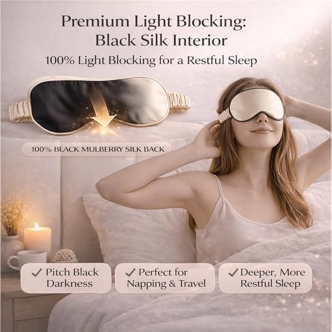 100% Mulberry Silk Sleep Mask for Women/Men Airplane Travel, Pure 22 Momme Silk Eye Mask Blackout for Sleeping, Ajustable, Luxury, Anti Wrinkle, Anti Aging Silk Blindfold, Made in USA (Champagne)