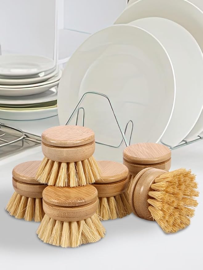 US 6Pcs Bamboo Dish Brush Head Soft Sisal Bristle Dish Natural Washing Brush Head Eco-Friendly Washing Up Brush Replacement Heads Easy to Use Dish Scrubber Head for Dish Brush Cleaning 1.89×1.57in