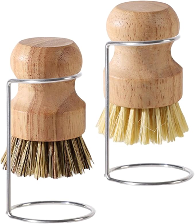 2Pcs Bamboo Dish Brushes Natural Bamboo Dish Scrubber with 2 Drainage Racks Wooden Dishwashing Brush for Washing Dishes Pots Pans and Sink