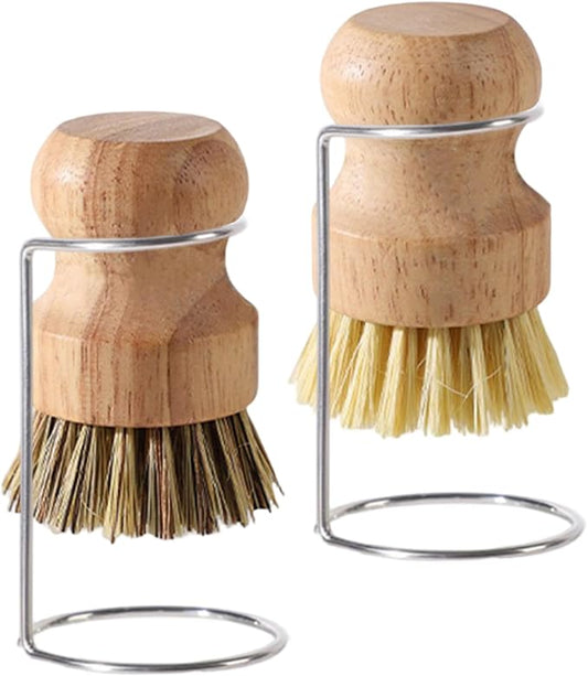 2Pcs Bamboo Dish Brushes Natural Bamboo Dish Scrubber with 2 Drainage Racks Wooden Dishwashing Brush for Washing Dishes Pots Pans and Sink