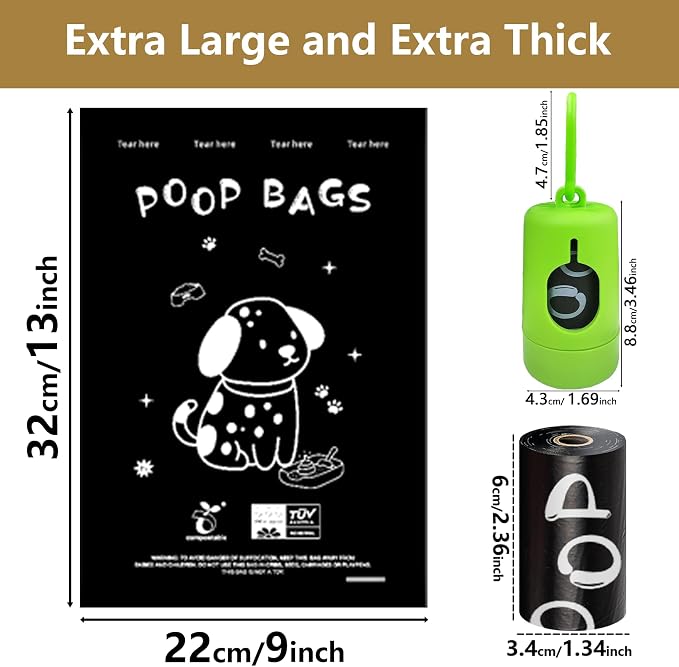 Biodegradable Dog Poop Bags 13×9in 240 count with Free Dispenser | ASTM D6400 & EN 13432 Compliant BPI Certified Poop Bags for Dogs, Unscented, Large, Earth Friendly Leakproof, Easy to Open