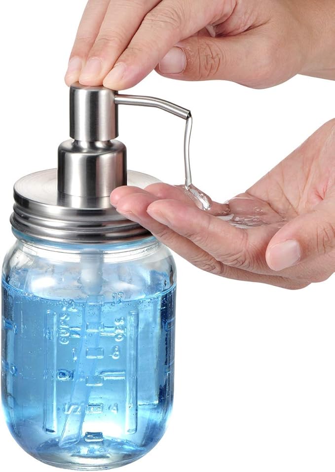 Amolliar Mason Jar Liquid Soap Dispenser, Stainless Steel Mason Jar Lid & Pump, Refillable Hand Soap Dispenser, Lotions, Dish Soap Bottle for Kitchen Bathroom, Bathroom Decor, Brushed Nickel 2 Pack