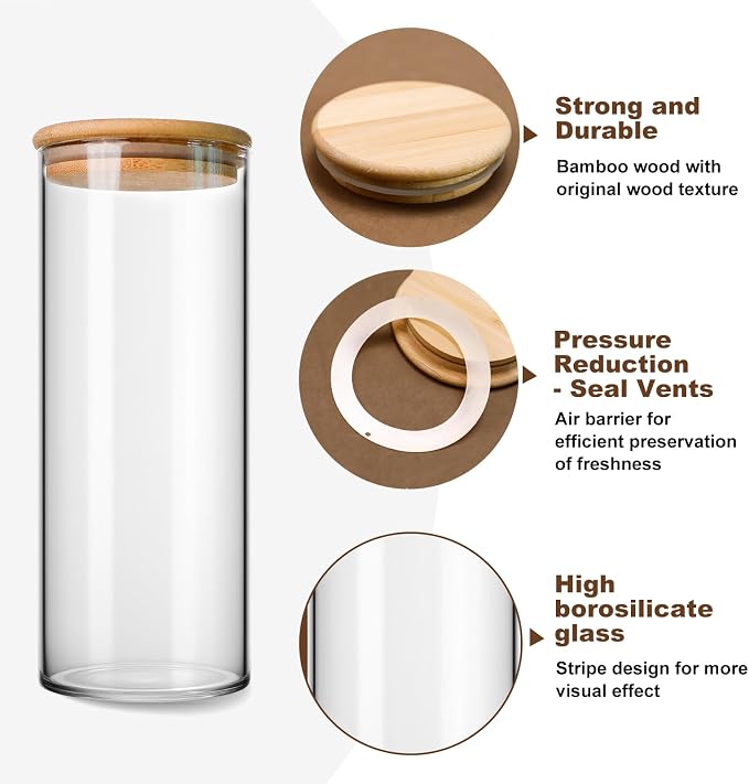 27.05Oz Kitchen Storage Jar - Clear Glass Jars with Bamboo Lids - Airtight Food Storage Containers Jars - Glass Cereal Storage Containers - Stackable Pantry Storage Jar for pasta,Flour,Nuts,Cookies
