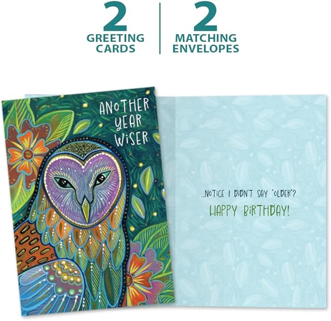 Tree-Free Greetings - Birthday Cards - Artful Designs - 2 Cards + Matching Envelopes - Made in USA - 100% Recycled Paper - 5 x 7 - Another Year Wiser (GT65317)