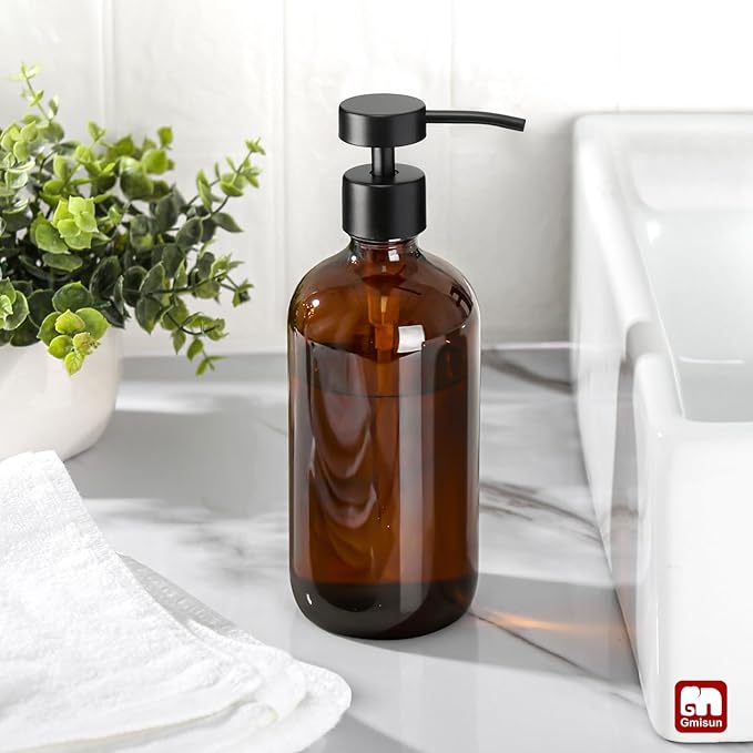 GMISUN Amber Glass Soap Dispenser, 1 Pack Dish Soap Dispensers for Kitchen with Rustproof Stainless Steel Pump, 17 Fl Oz Bathroom Hand Soap Dispenser, Brown Liquid Dishwashing Dispensers Bottle