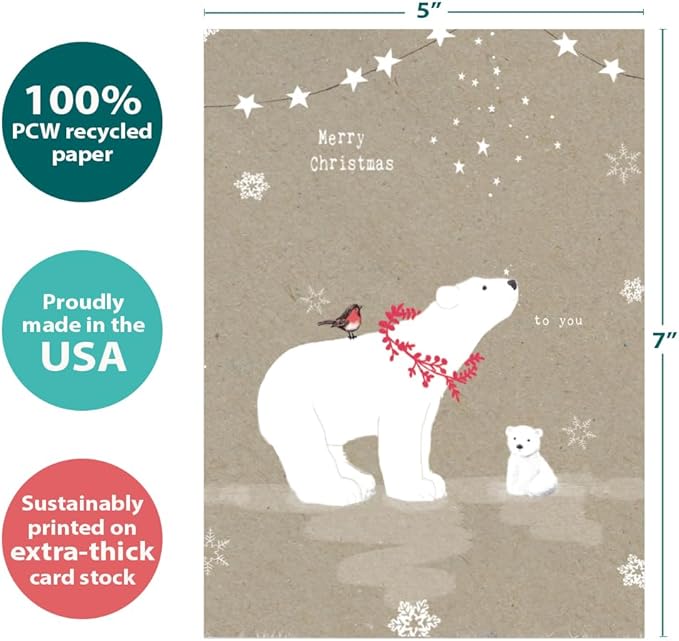 Tree-Free Greetings - Christmas Greeting Cards - Artful Designs - 1 Card + Matching Envelopes - Made in USA - 100% Recycled Paper - 5"x7" - Sweet Polar Christmas (GO64212)