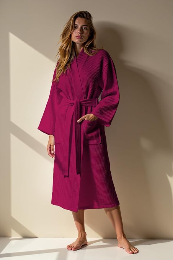 Turquaz Lightweight Waffle Knit Kimono Bathrobe - Soft Cotton Blend Spa Robe, Fast-Drying Full-Length Unisex Robes for Women