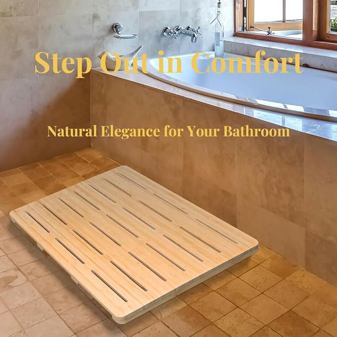 Bamboo Shower Mat 34.5 x 22.5 x 1.7, Solid Slatted Wooden Bath Mat, No Coating, One-Piece Design, Non-Slip Surface for Bathroom, Spa, Indoor Entryway, Available in 3 Sizes