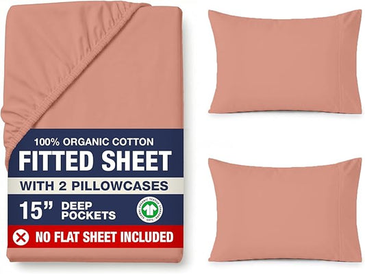 LANE LINEN 100% Organic Cotton Fitted Sheet Full Size Set (No Flat Sheet) - Soft & Breathable Percale Weave Fitted Sheet Set - 15'' Deep Pocket for Snug Fit - GOTS Certified - Rose Dawn