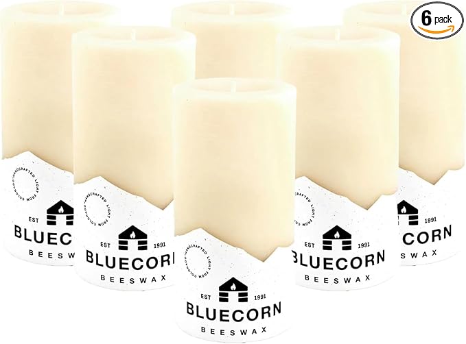 Bluecorn Beeswax 100% Pure Beeswax Pillar Candles | Ivory White 3x6 Pillar Candle Set | Non Toxic, Unscented, Clean Burning | Cotton Wick, Dripless, 90 Hr Long Burning | Handmade in USA | 6 Pack