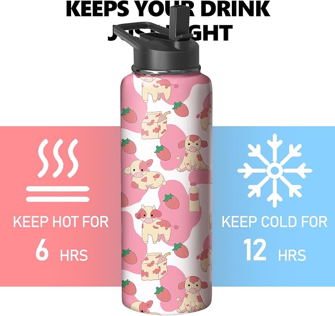 40oz Pink Cow Strawberry Water Bottle with Handle and Flip Straw,Animal Sports Stainless Steel Insulated Cup Travel Coffee Mug Tumbler, Birthday Mothers Day Chritmas Gifts for Women