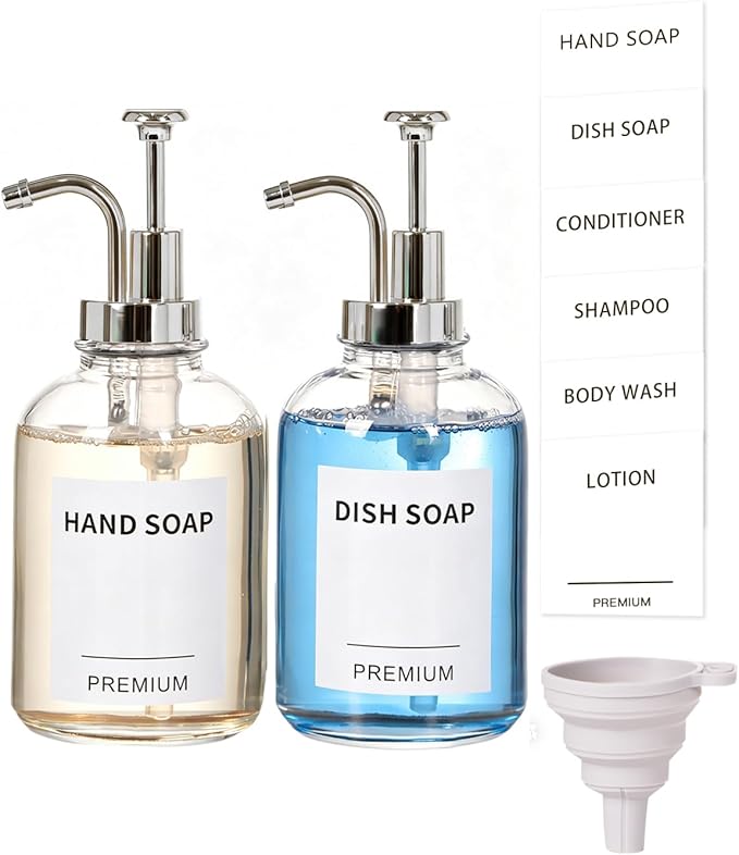 12oz Dish Soap Dispenser for Kitchen, Hand Glass Soap Dispenser Set with Pump, Tray, Funnel for Bathroom, Shower, Laundry, Liquid, Lotion (Silver 2 Pack Clear Bottles with 12 Stickers)